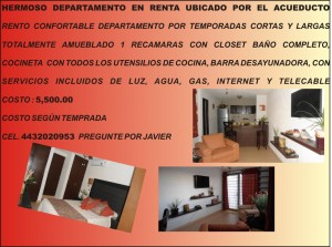 JAVIER Avisos gratis en Mexico lindo en Morelia |  RENTO UN HERMOSO DEPARTAMENTO TOTALMENTE AMUEBLADO, BELLO DEPARTAMENTO EN RENTA