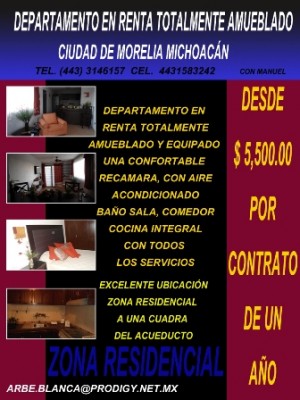 manuel gallegos Avisos gratis en Mexico lindo en Morelia |  RENTO DEPARTAMENTO AMUEBLADO EN ZONA RESIDENCIAL , DEPARTAMENTO EJECUTIVO
