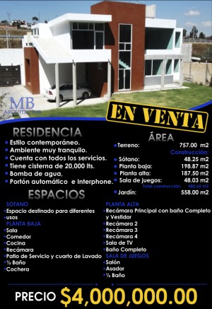 Miguel Angel Barrien Avisos gratis en Mexico lindo en Puebla |  Residencia de 757 mts2 con mas de 5 habitaciones. , Vendo casa en puebla 