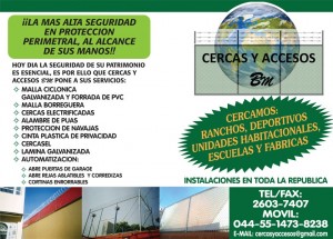 CERCAS Y ACCESOS BM. Avisos gratis en Mexico lindo en Gustavo A. Madero |  MALLA CICLONICA, CERCAS ELECTRIFICADAS Y CONCERTINA, CINTA PLASTICA, MALLA BORREGUERA, AUTOMATIZACION DE ACCESOS